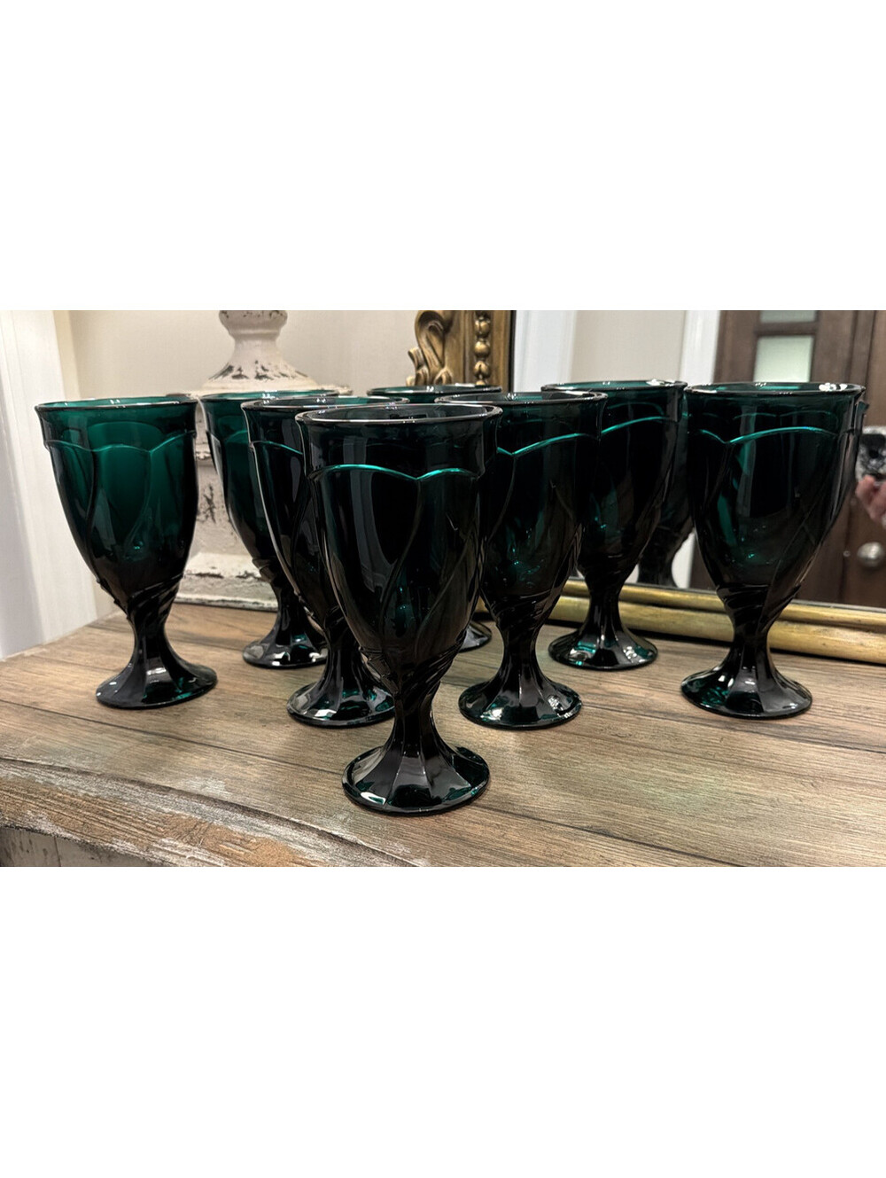 Noritake Sweet Swirl Evergreen Iced Tea Goblets Green Glass Set of 8 - HTF